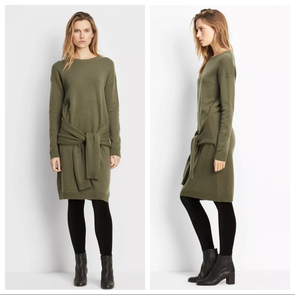 Vince Tie Front Wool Cashmere Olive Green Sweater Dress EUC